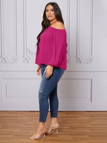 SHEIN LUNE Plus Halter Neck Lantern Sleeve Blouse - Hot Pink - View 4
