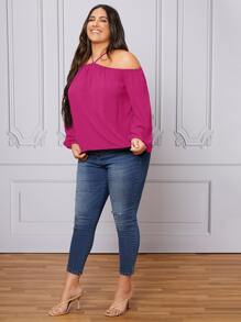 SHEIN LUNE Plus Halter Neck Lantern Sleeve Blouse - Hot Pink - View 6