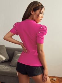 SHEIN Privé Mock-Neck Puff Sleeve Pearls Beaded Top - Hot Pink - View 2