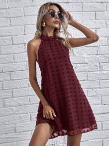 SHEIN Clasi Tie Back Swiss Dot Dress - Burgundy - View 1