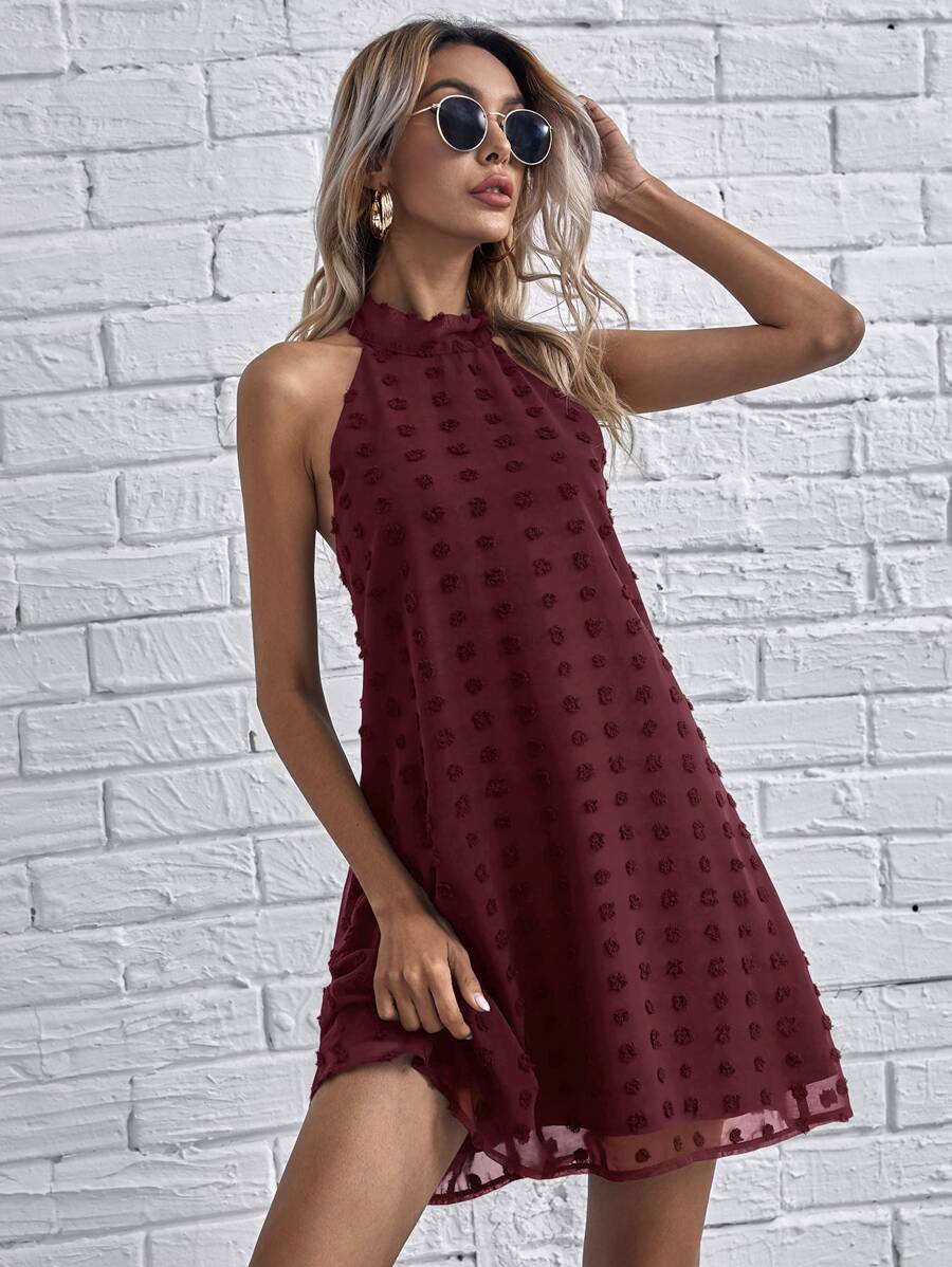 SHEIN Clasi Tie Back Swiss Dot Dress - Burgundy - View 1