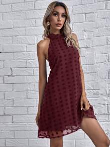 SHEIN Clasi Tie Back Swiss Dot Dress - Burgundy - View 5