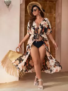 SHEIN Swim Curve Plus Floral Print Tie Front Kimono - Multicolor - View 1
