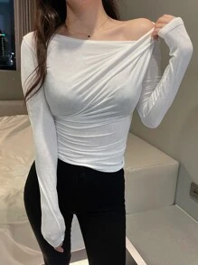 Solid Asymmetrical Neck Ruched Tee - White - View 9