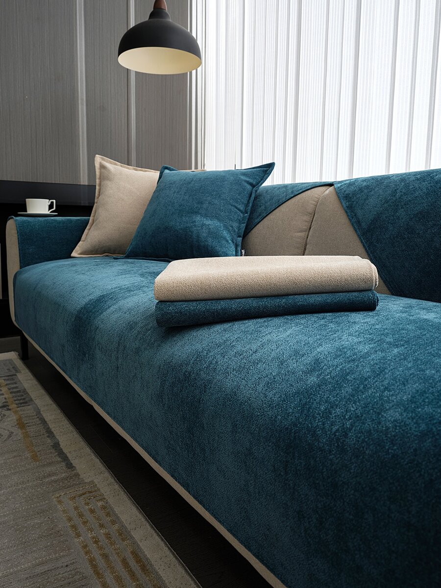 1 件加厚雪尼尔纯色沙发垫，简约风格宠物防脏防滑沙发巾，四季防猫抓沙发保护套可用于客厅 L 型组合沙发和 1/2/3/4 人座沙发（作为 出售） - 藍色 - 查看 1