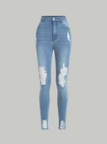 SHEIN Teen Girl Slant Pocket Ripped Jeans - Light Wash - View 1