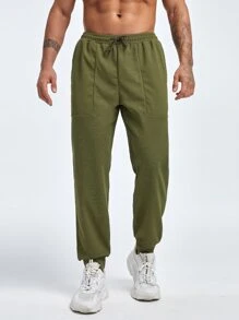 Men Drawstring Waist Slant Pocket Sports Trousers - Army Green - View 4