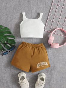 SHEIN Quần short họa tiết chữ và áo ba lỗ cho bé gái - màu nâu - Xem 1