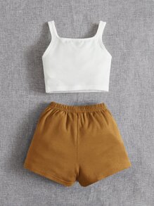 SHEIN Quần short họa tiết chữ và áo ba lỗ cho bé gái - màu nâu - Xem 2