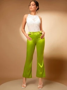 SHEIN BAE Solid Flare Leg Trousers - Lime Green - View 1