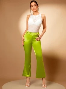 SHEIN BAE Solid Flare Leg Trousers - Lime Green - View 3
