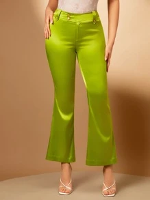 SHEIN BAE Solid Flare Leg Trousers - Lime Green - View 5