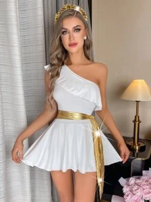 One Shoulder Ruffle Trim Angel Costume Dress With Belt & Hairhoop - White - View 3