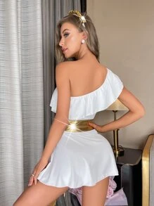 One Shoulder Ruffle Trim Angel Costume Dress With Belt & Hairhoop - White - View 2