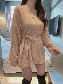 DAZY Solid Drop Shoulder Belted Jumper - Apricot - View 4