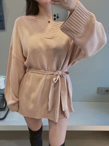 DAZY Solid Drop Shoulder Belted Jumper - Apricot - View 6