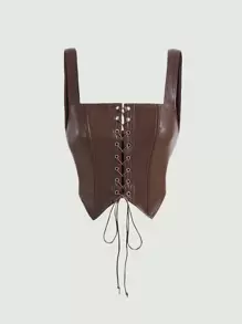 SHEIN MOD Lace Up Front PU Leather Cami Top - Coffee Brown - View 1
