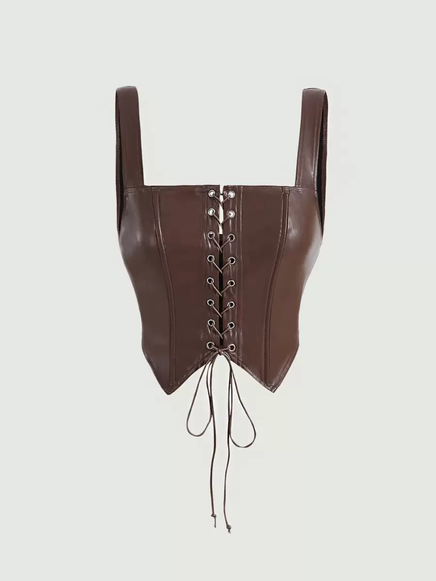 SHEIN MOD Lace Up Front PU Leather Cami Top - Coffee Brown - View 1