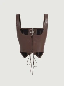 SHEIN MOD Lace Up Front PU Leather Cami Top - Coffee Brown - View 2