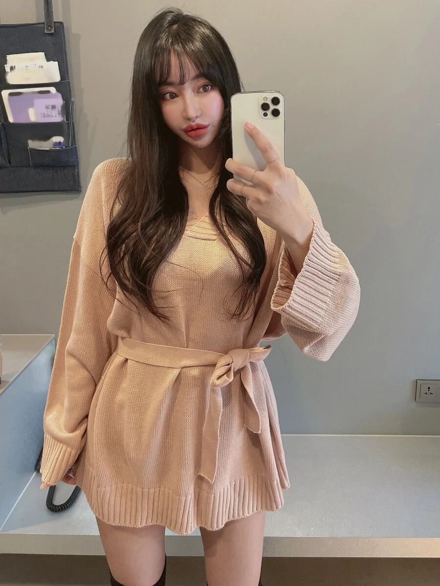 DAZY Solid Drop Shoulder Belted Jumper - Apricot - View 1