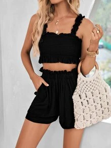 SHEIN Frenchy 褶邊寬背帶上衣和紙袋腰短褲 - 黑色 - 查看 3