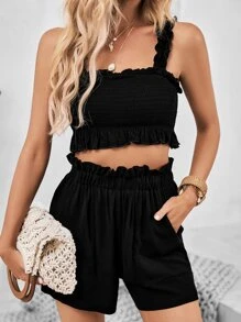 SHEIN Frenchy 褶邊寬背帶上衣和紙袋腰短褲 - 黑色 - 查看 1