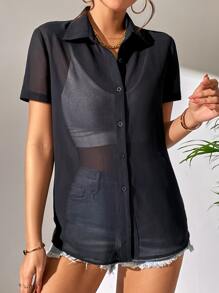 Chiquease Solid Button Front Shirt Without Cami Top - Black - View 5