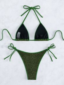 SHEIN Swim 夏季海灘閃亮頸後三角微型比基尼套裝 - 墨綠色 - 查看 2