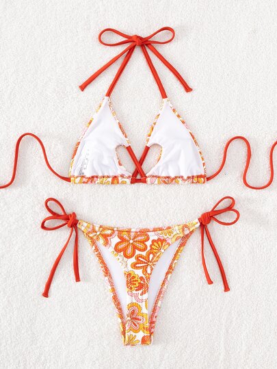 Conjunto de bikini con estampado floral Sujetador triangular halter entrecruzado y parte inferior de tanga Traje de baño de 2 piezas