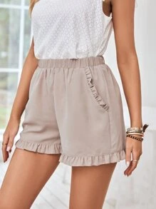 SHEIN Frenchy Frill Trim Slant Pocket Shorts Summer Brown Casual - Khaki - View 2
