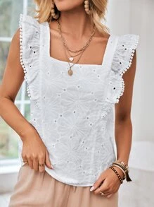 SHEIN Frenchy Eyelet Embroidery Ruffle Trim Blouse Elegant - White - View 1