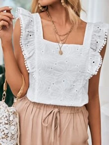 SHEIN Frenchy Eyelet Embroidery Ruffle Trim Blouse Elegant - White - View 5