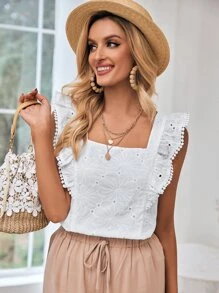 SHEIN Frenchy Eyelet Embroidery Ruffle Trim Blouse Elegant - White - View 3