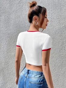 SHEIN EZwear Áo thun nữ Tương phản ràng buộc Đồ họa Lá thư Giải trí - trắng - Xem 2