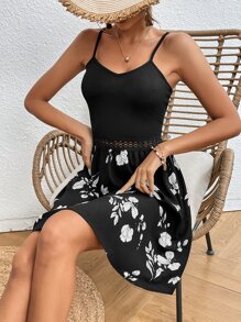 SHEIN Frenchy 印花水溶蕾絲拼接吊帶洋裝 - 黑色 - 查看 5