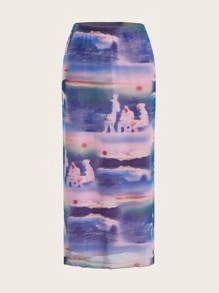 SHEIN ICON All Over Print Elastic Waist Skirt - Multicolor - View 1