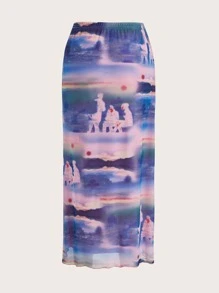 SHEIN ICON All Over Print Elastic Waist Skirt - Multicolor - View 2