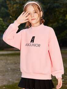 Girls Letter Graphic Drop Shoulder Sweatshirt - Coral Pink - View 3