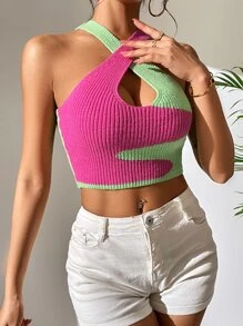 SHEIN Essnce Two Tone Crisscross Cut Out Knit Top - Multicolor - View 4