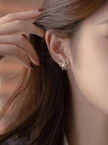 Faux Pearl & Rhinestone Flower Decor Stud Earrings Valentines,Mom,Mother,Mother's Day,Gift - Yellow Gold - View 3