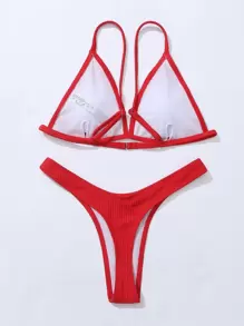 SHEIN Swim Summer Beach Mono Bikini Set Rib-Knit Triangle Bra & High Cut Bottom 2 Pieces Bikini - Red - View 3