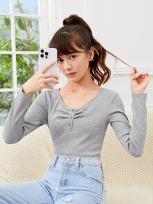 SHEIN Chicas adolescentes Camiseta fruncido delantero tejido de canalé - Gris Claro - Ver 1