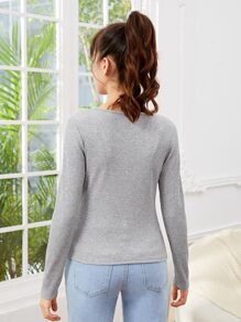 SHEIN Chicas adolescentes Camiseta fruncido delantero tejido de canalé - Gris Claro - Ver 2