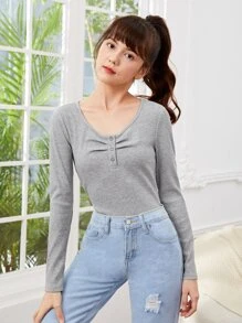 SHEIN Chicas adolescentes Camiseta fruncido delantero tejido de canalé - Gris Claro - Ver 3