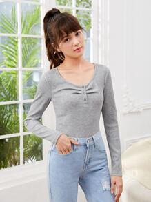 SHEIN Chicas adolescentes Camiseta fruncido delantero tejido de canalé - Gris Claro - Ver 6