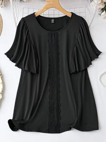 SHEIN LUNE Plus Guipure Lace Insert Butterfly Sleeve Tee - Black - View 1