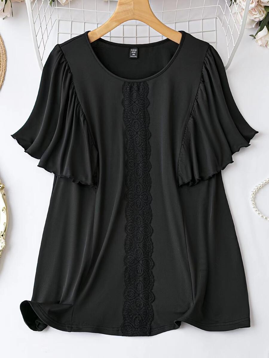 SHEIN LUNE Plus Guipure Lace Insert Butterfly Sleeve Tee - Black - View 1
