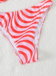 Wave Print Cut Out One Shoulder Underwire Summer Beach Bikini Set - Pink - View 3