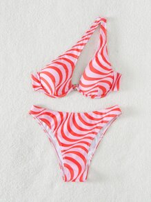 Wave Print Cut Out One Shoulder Underwire Summer Beach Bikini Set - Pink - View 5