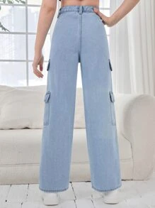 SHEIN Teen Girls Flap Pocket Side Cargo Jeans - Light Wash - View 2